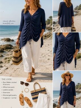 Bryn Walker Adjustable Front Bamboo Blend Tunic Top Made in USA Navy Sz S🧡